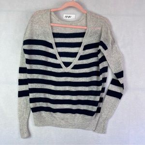 360 Cashmere Gray and Navy Striped V-Neck Sweater